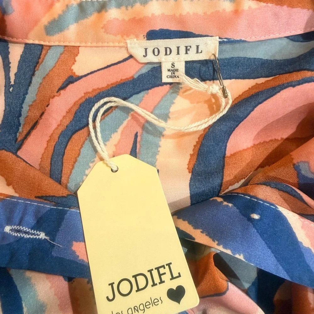 JODIFL Abstract Swirl Button-Down Blouse in Blue, Peach & Cream - Picture 2 of 2